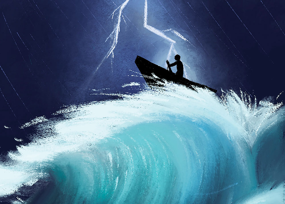 Illustration of man rowing a boat in stormy waters.