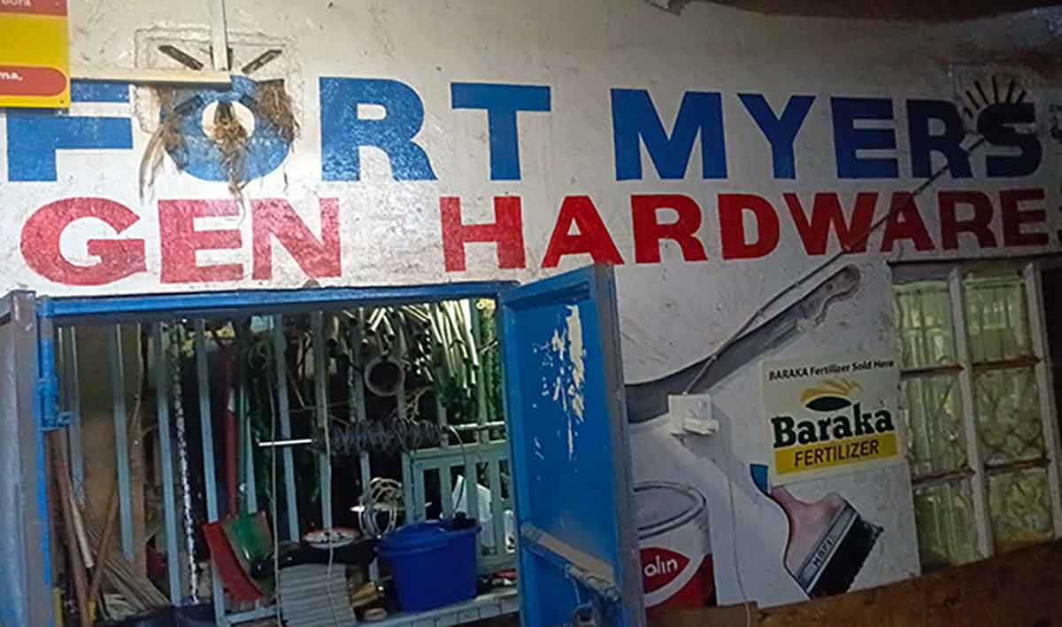 A building in Nyeri, Kenya, has the words Fort Myers Gen Hardware painted on