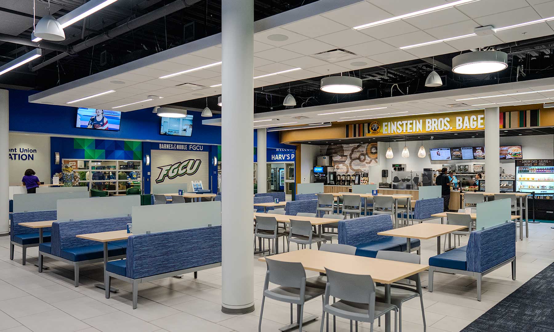 Photo shows renovations of Cohen Center, including new furnishings like tables and lighting