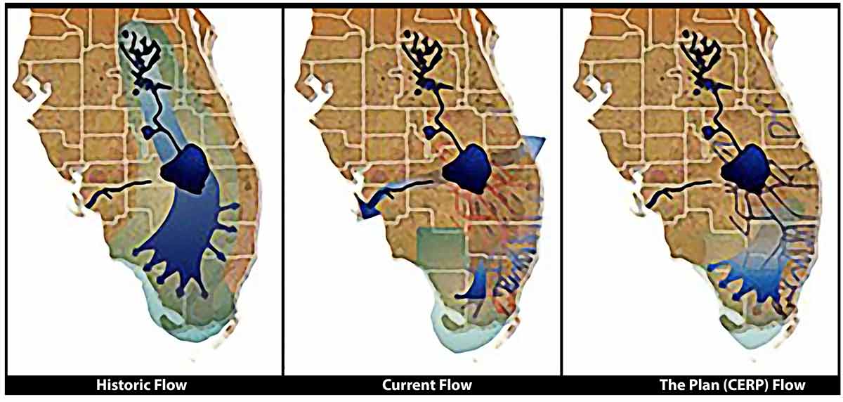 Three color drawings of he southern part of Florida. The first is labelled Historic Flow, the second is labelled Current Flow and the third is labelled The Plan (CERP) Flow.