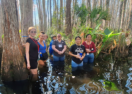 Group of students standing in wetlands with cypress trees