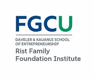 Full color logo for the FGCU Daveler & Kauanui School of Entrepreneurship Rist Family Foundation Institute for Entrepreneurship, where FGC is blue and U is green