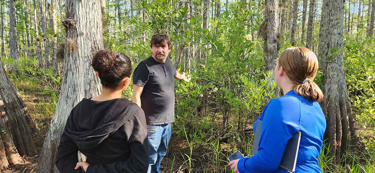 A man facing the camera in a black t-shirt and blue jeans points to a bushy plant in the forest while talking to two young women facing him