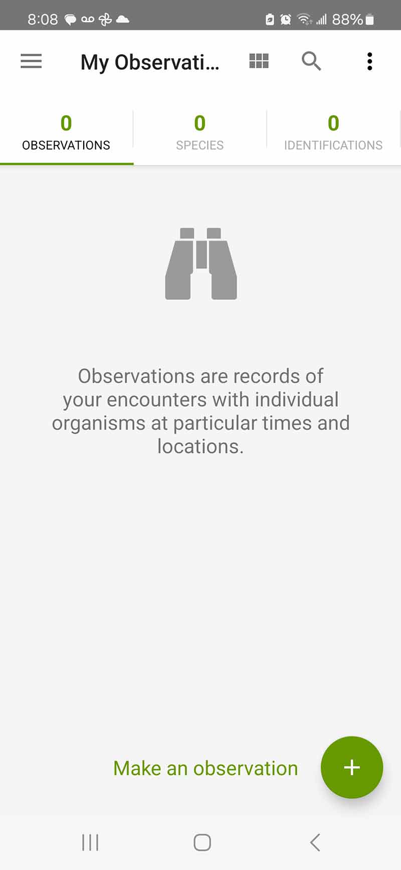 A screenshot of the of an app shows zero observations at 8:08am with battery power at 88%