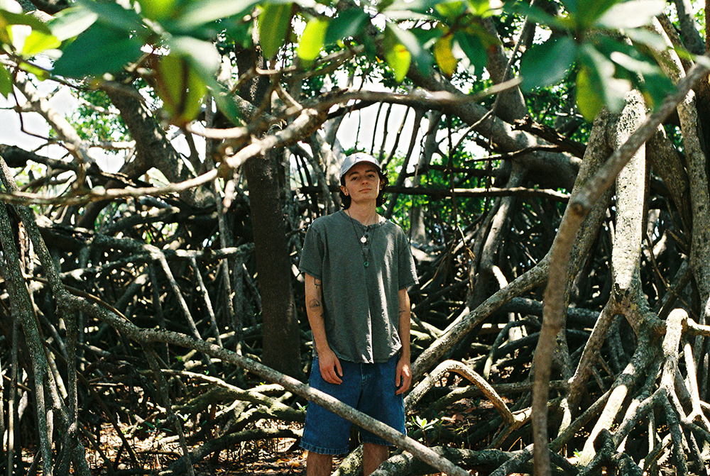 A man stands in a dense mangrove forest, wearing a gray t-shirt and blue shorts. Tangled roots and branches surround them, with sunlight filtering through the canopy and casting dappled shadows.