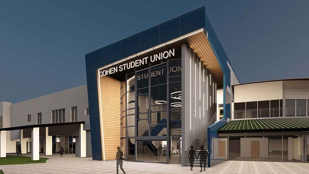 An architectural rendering of the exterior of a building with Cohen Student Union in all-caps