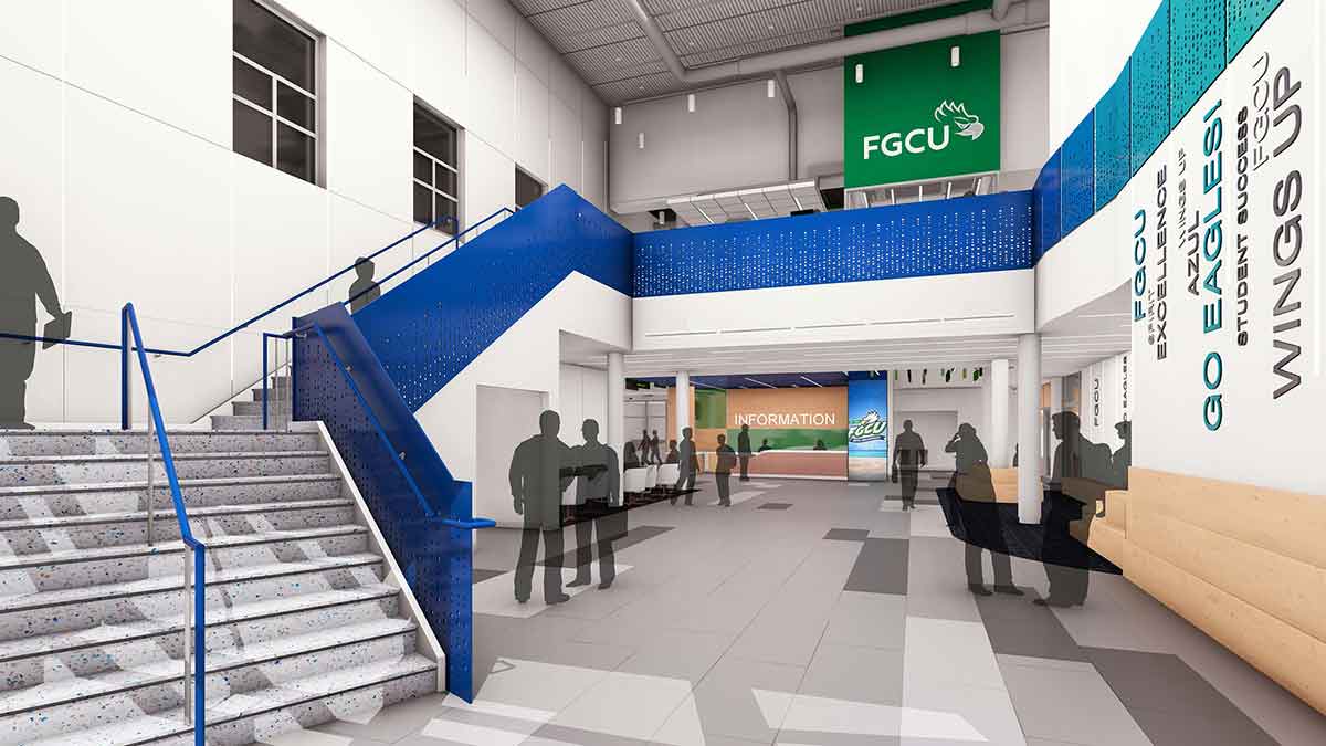 An architectural rendering of the interior of a building, with a blue-striped stairwell from the first to the second floor. There is a booth on the first floor marked Information and a large, green FGCU banner on the second floor. On the first floor, the following words appear vertically up the wall, from front to back: Wings Up, FGCU, Student success, Go Eagles with an exclamation point, Azul, Wings Up, Excellence, Spirit, FGCU, Go Eagles, FGCU.