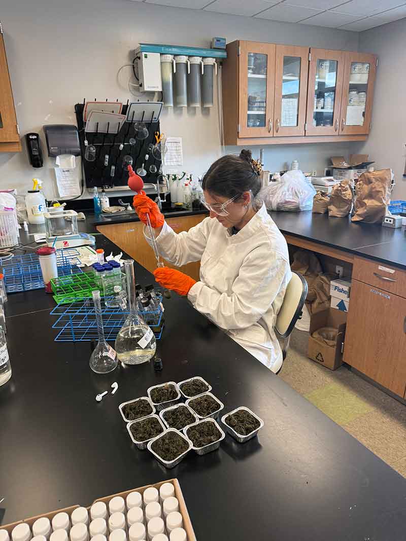 A woman in a laboratory, surrounded by scientific equipment, wears safety goggles and injects something from a long tube into a small test tube. Nine small, aluminum containers of dirt sit on the lab table to her left