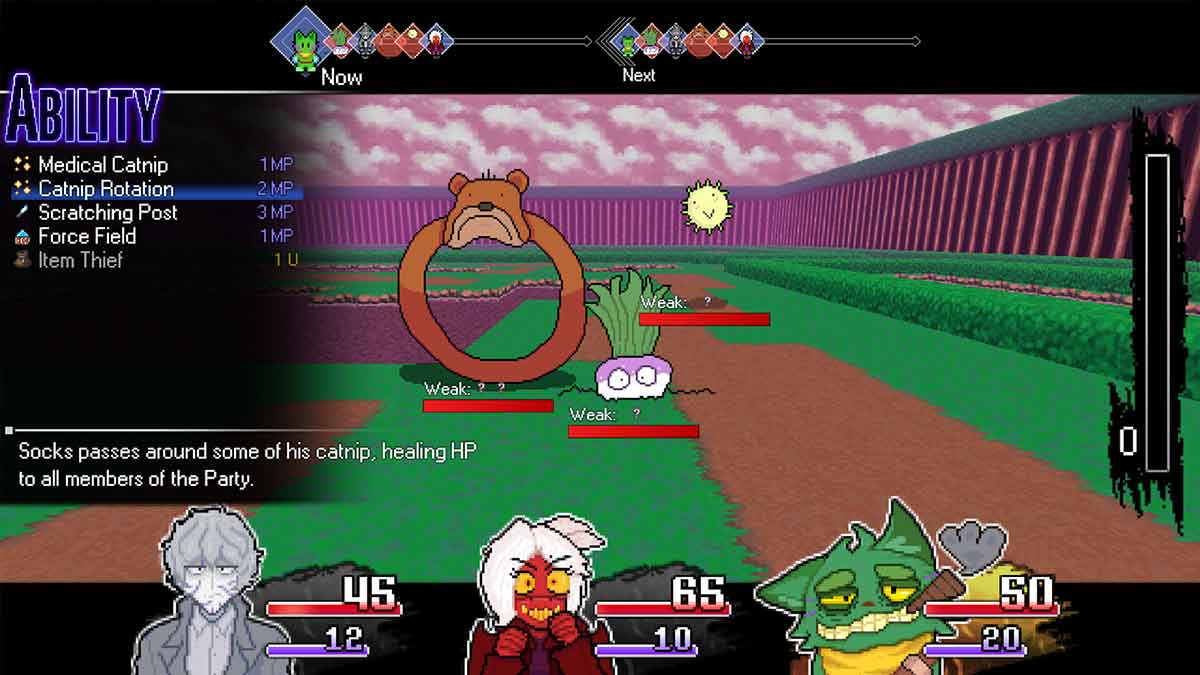 Pixel art RPG battle screen showing three characters facing cartoonish enemies with ability menu on the left