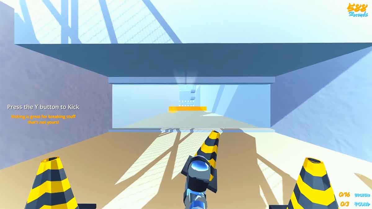 First-person view in a bright 3D game corridor with striped cones and on-screen text showing kick instructions