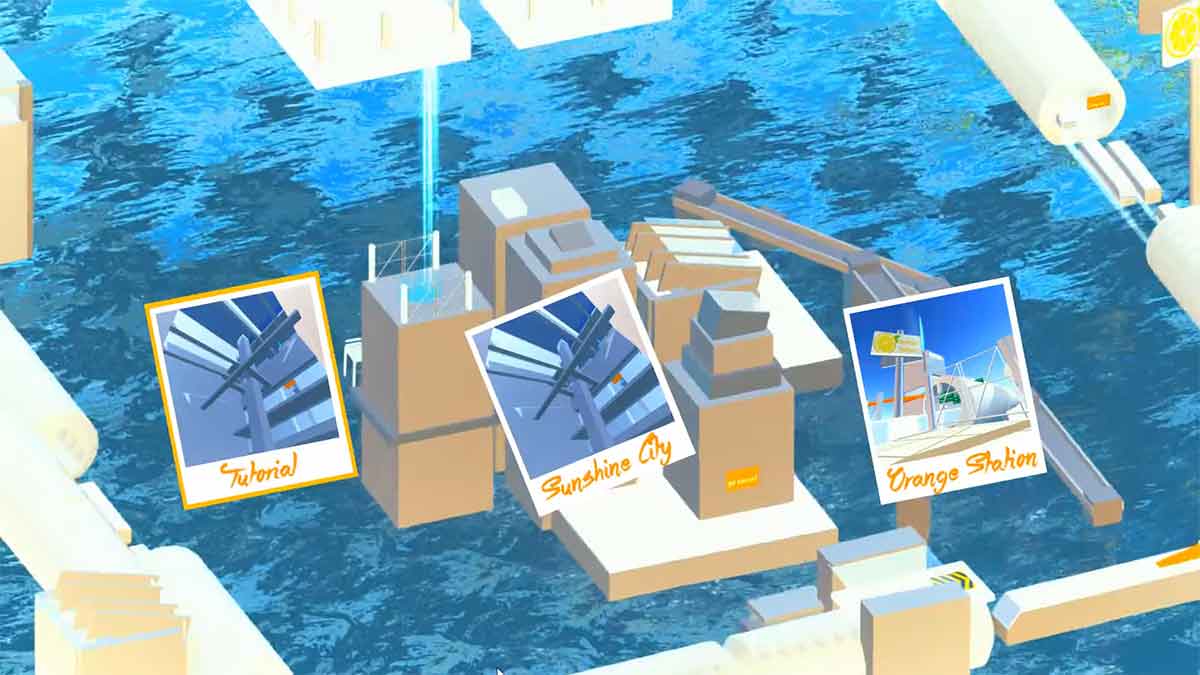 Colorful 3D game level select screen showing floating buildings over water with three labeled photo cards