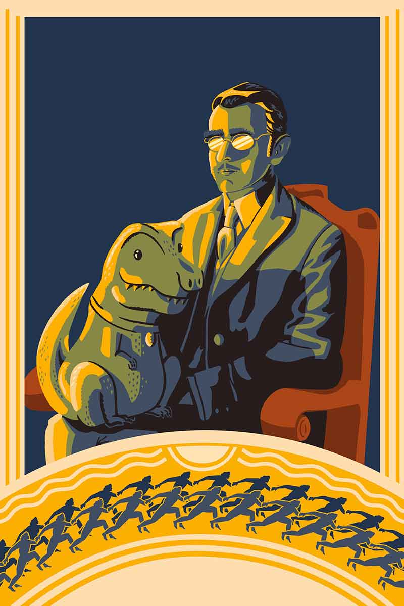 A full color, illustrated poster of a man seated, holding a stuffed dinosaur