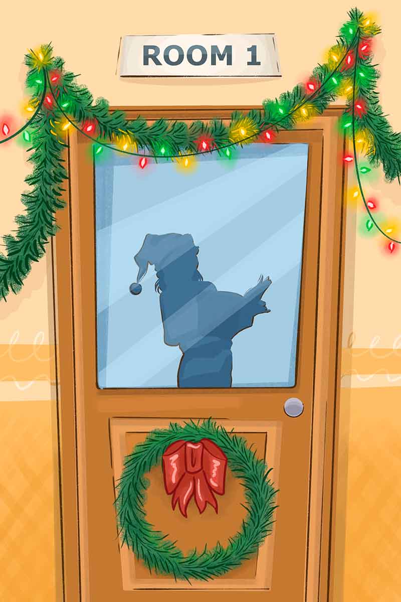 A full color, illustrated poster of a girl in silhouette wearing a jingle-bell Santa hat behind a door decorated for Christmas with a sign above the door that reads Room 1