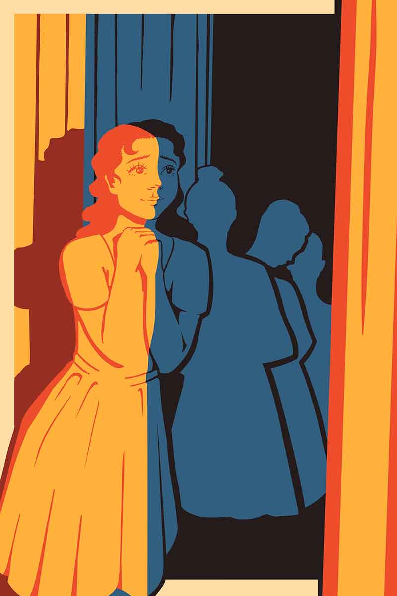 A full color, illustrated poster of a girl in a doorway
