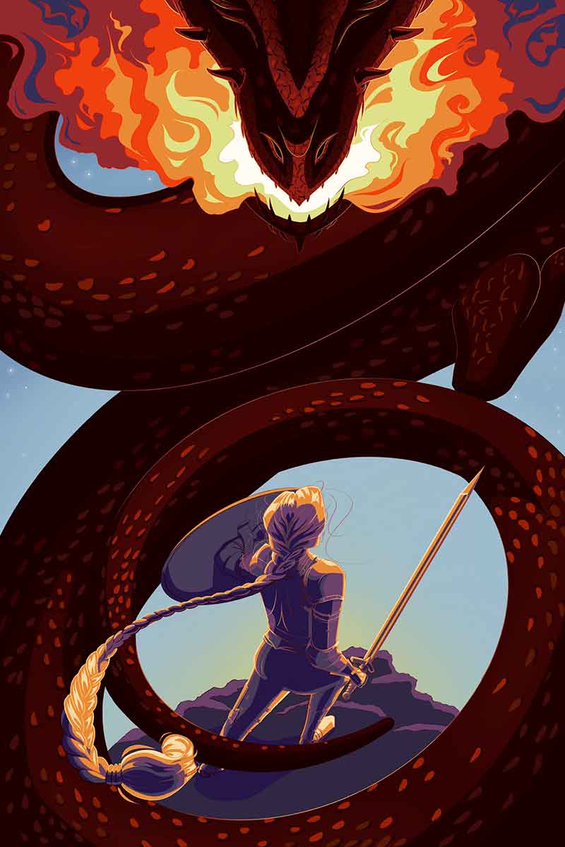 A full color, illustrated poster of a woman holding a sword as her long, braided hair flows behind her. We see her from behind as she faces a monster with a snake body and dragon face breathing fire