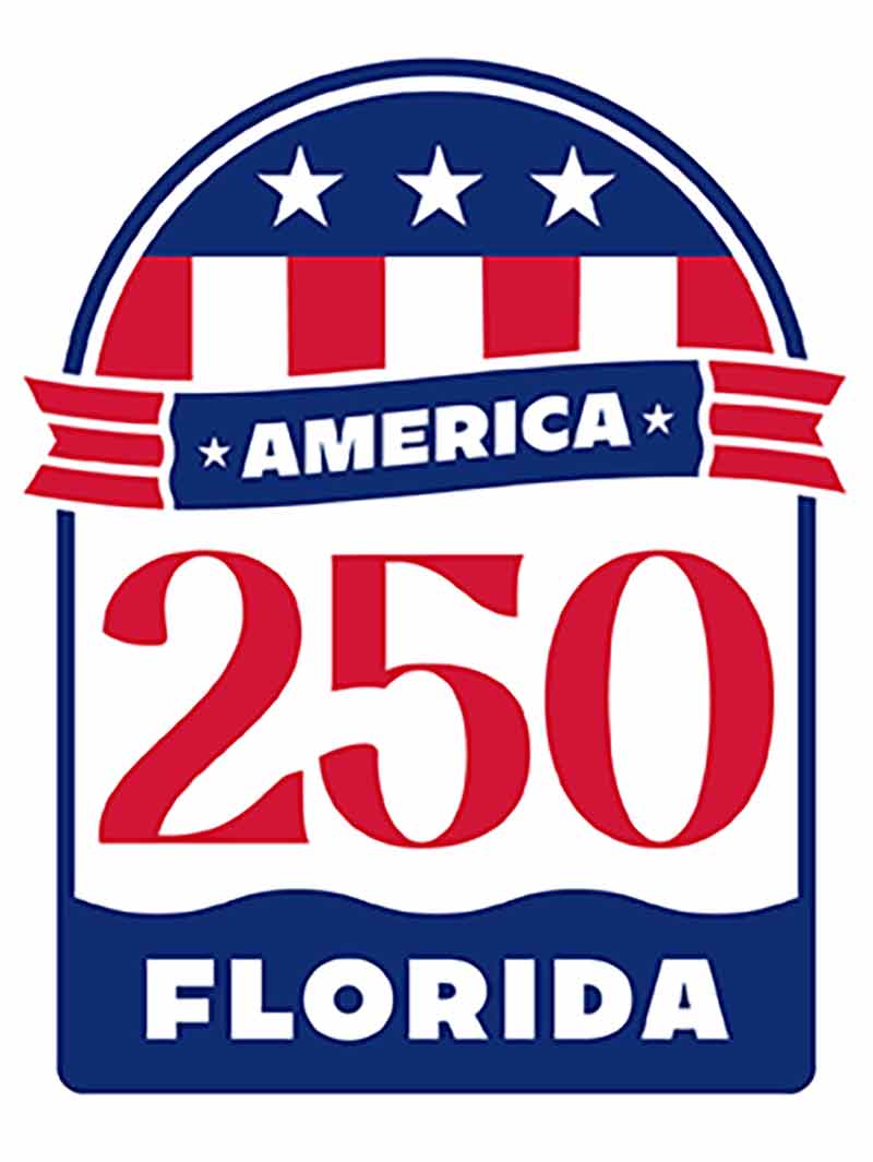 A graphic image in red, white and blue. Text reads: America 250 Florida.