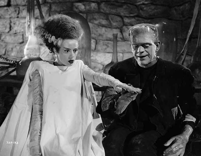 A still from the black and white movie "Bride of Frankenstein" showing the female monster with her shocking hair and the monster smiling as he touches her hand