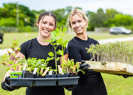 Two people holding trays of seedlings and young plants outdoors on a grassy field.