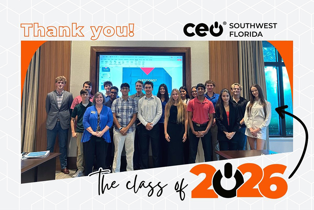 Group of people standing in front of a screen with text thanking the CEO Southwest Florida class of 2026.