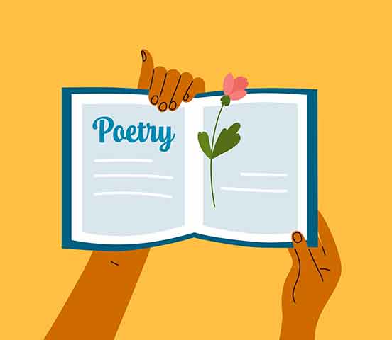 A graphic image showing two hands holding an open book with the word poetry written, and a pink flower with green leaves acting like a bookmark