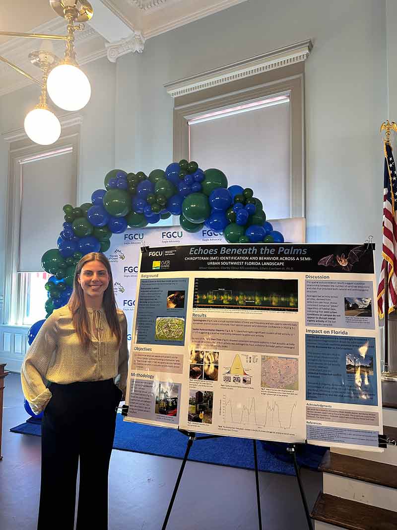 A smiling young woman stands next to a large poster that reads, in part, Echoes Beneath the Palms. She is in a room with tall windows and ceiling and there is a blue and green balloon arch behind her on the left and the American flag on the right