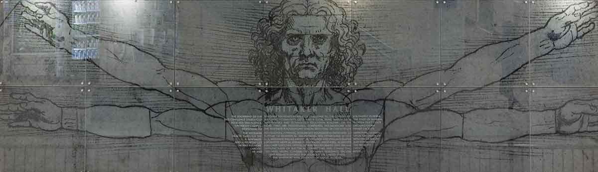 A wide shot of the upper body of the Vitruvian Man by Leonardo da Vinci, carved in glass