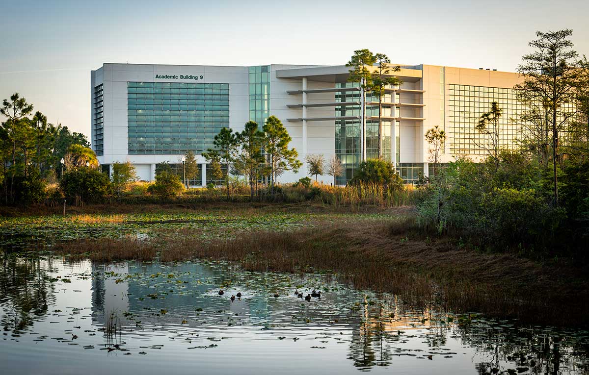 Margaret Antonier Hall at FGCU, home to The Water School, at sunrise.