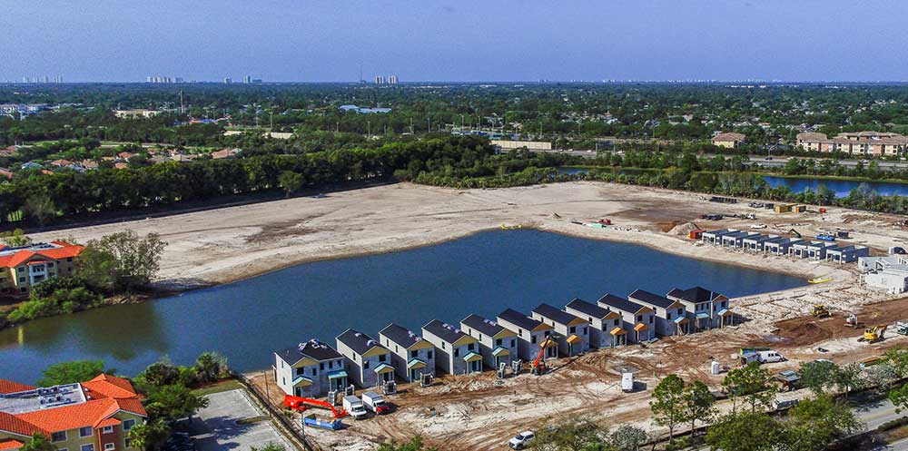 Drone view of Eagle View Village cottages and lake on FGCU-owned land
