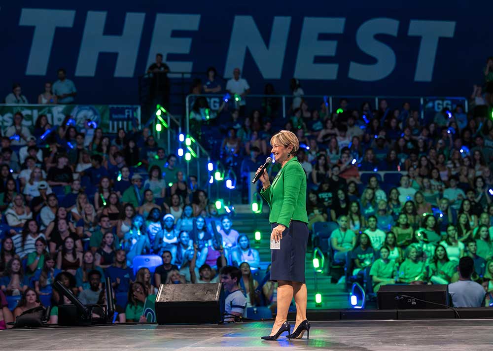 FGCU president welcomes students at Alico Arena.