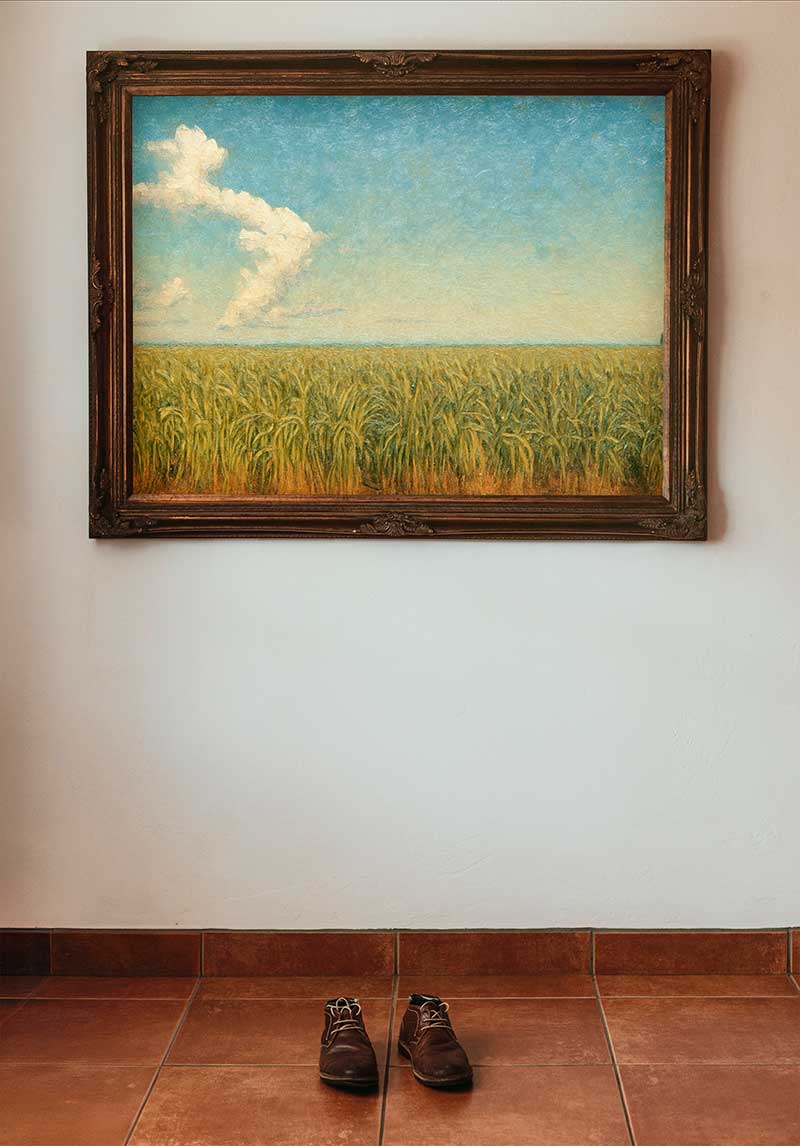 Landscape painting above shoes on floor in minimalist room