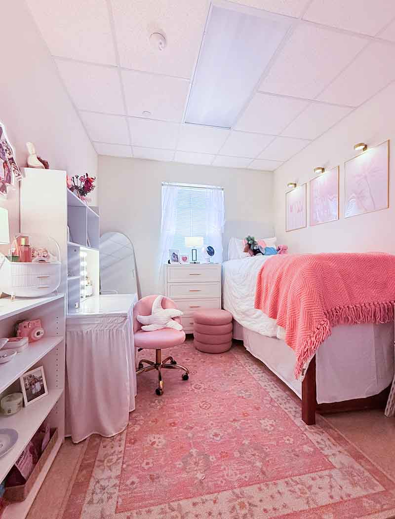 A photo of the entire bedroom, showing a small bookcase, vanity-desk combination, window, raised bed, artwork on the walls and a pink patterned area rug on the floor